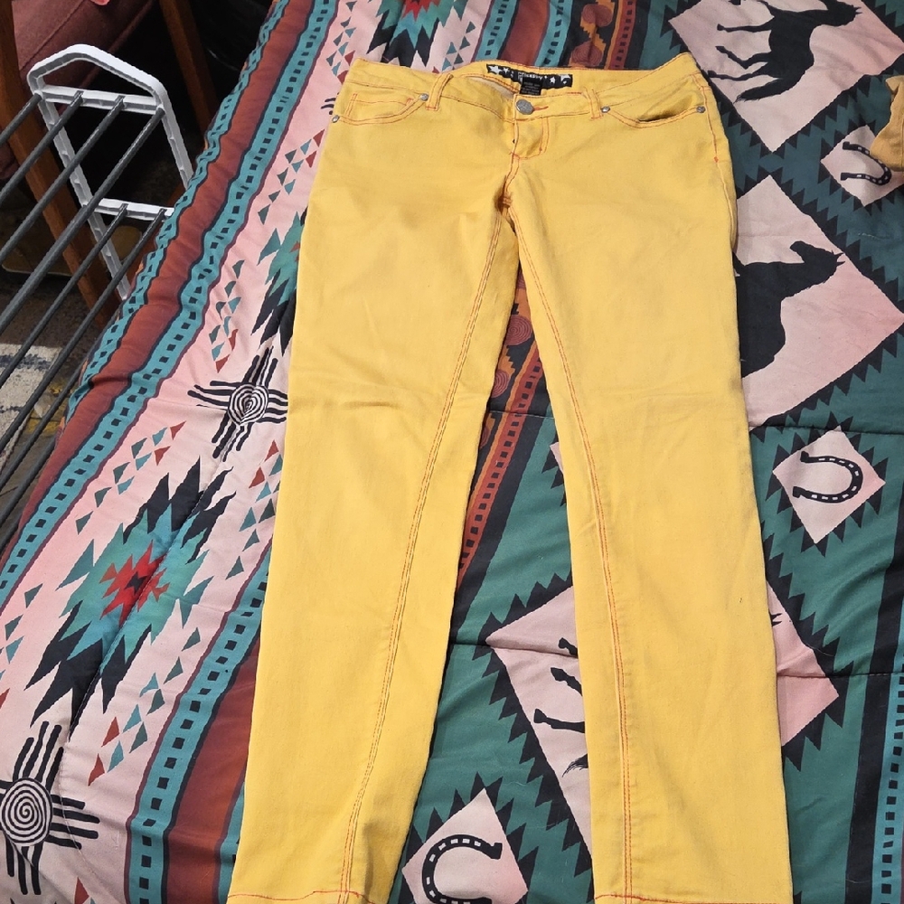 Yellow Women's Jeans With Red Stitching